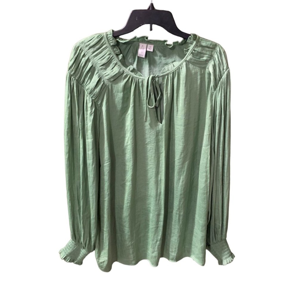Joie Womens Size 2X Long Sleeve Tunic Top Shirt Blouse Green Tie Ruffle Collar 1
